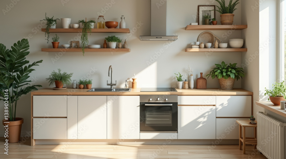 Scandinavian-style kitchen with white cabinets, wooden accents, open shelves, and indoor plants – bright, minimalist interior filled with natural light for cozy, modern, and eco-friendly home living Scandinavian-style kitchen with white cabinets, wooden accents, open shelves, and indoor plants – bright, minimalist interior filled with natural light for cozy, modern, and eco-friendly home living