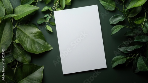 Blank Paper Surrounded by Lush Green Leaves in a Natural Setting
