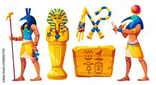 Ancient Egyptian stone pharaoh statues set - Anubis holding ankh, golden sarcophagus with mask, Thoth with writing tools, hieroglyphs on tablet. Historical art and culture elements, antique tomb decor