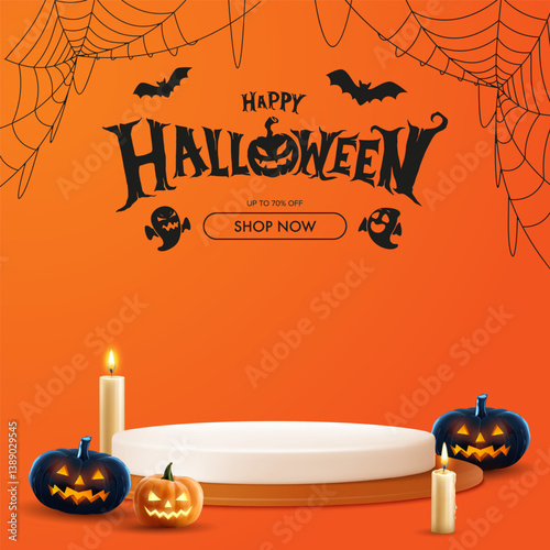 Realistic 3D cylindrical podium for halloween banner. Happy halloween minimal scene for products showcase, Promotional display.