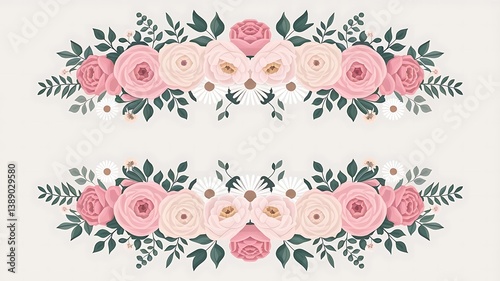 Elegant Symmetrical Floral Border Design with Pink Roses and Green Leaves – Romantic Decorative 