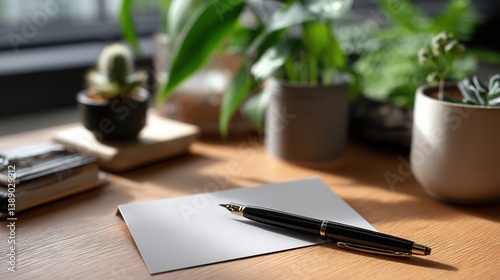 Peaceful writing setup with houseplants on wooden desk