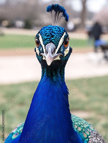 A close up portrait of a brightly colored peacock bird