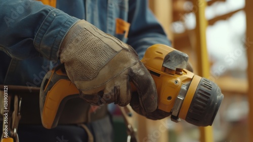 A Hispanic construction worker adjusting a power tool. Featuring focus and care photo