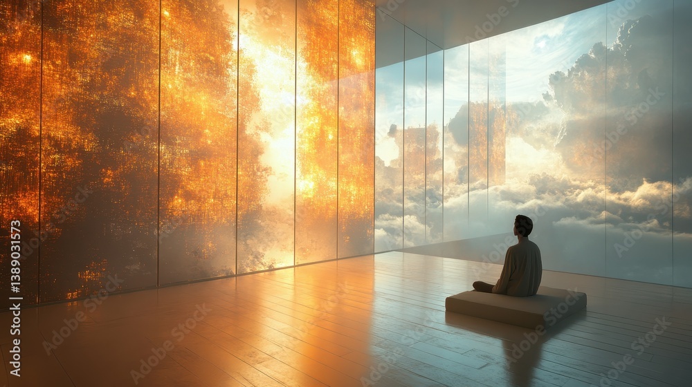 Meditative reflection in a futuristic glass room with sunset and cloud views Meditative reflection in a futuristic glass room with sunset and cloud views