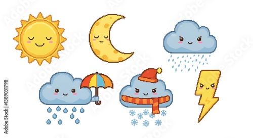 Pixel art weather icons including sun moon clouds rain snow lightning and an umbrella on white