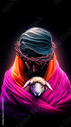 Religious figure embracing sheep in vibrant robes