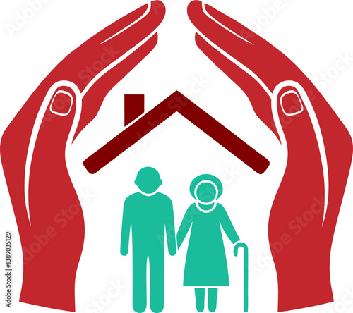 Vector image of elderly couple standing under a home roof, protected by two large red hands, symbolizing safety, security, and elder care support in family or community.