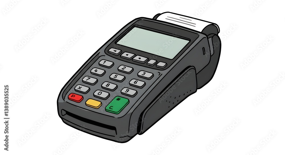 A gray pos terminal with a blank screen and a keypad showing numbers and symbols on a white background A gray pos terminal with a blank screen and a keypad showing numbers and symbols on a white background