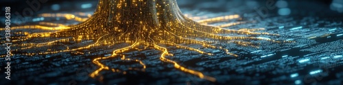 Innovative Aerospace Data Ecosystem: Abstract Marketing Background with Rocket Data Trees, Translucent Chip Leaves, and Fiber Optic Roots. Luminous Aerospace Biotechnology Concept for Creative Design.