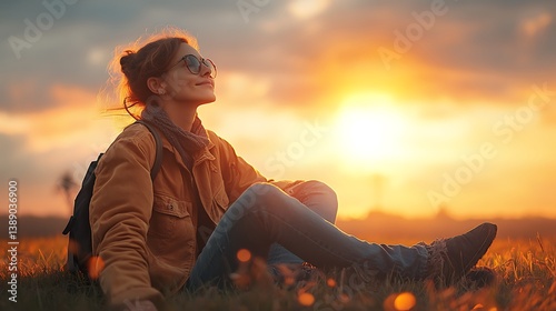 Woman sits on a hill at sunset, using her smartphone, enjoying the tranquility of nature and the digital world , Woman In Warm Sunset Glow 