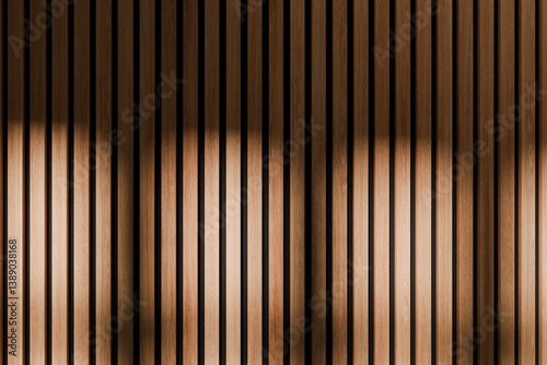 Vertical wooden acoustic panel hit by daylight. Black acoustic foam in the back of the panel.