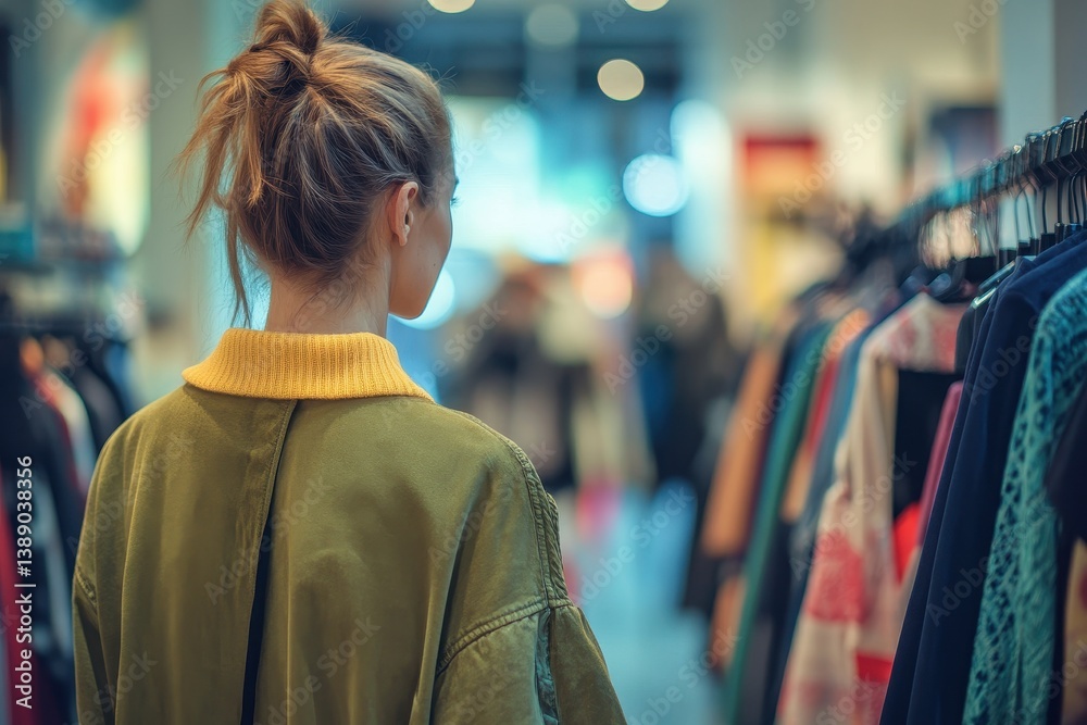 Chic Female Shopper Enjoying Exclusive Discounts at Urban Fashion Boutique in Vibrant City Scene Chic Female Shopper Enjoying Exclusive Discounts at Urban Fashion Boutique in Vibrant City Scene