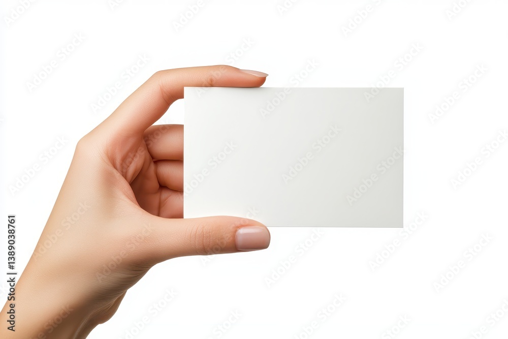 Elegant Female Hand Grasping a Blank Name Card Isolated on a Clean White Background for Business Advertisement Elegant Female Hand Grasping a Blank Name Card Isolated on a Clean White Background for Business Advertisement