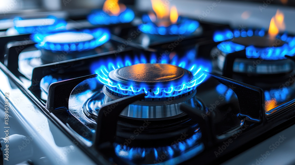 close up view of gas stove with blue flames burning brightly, showcasing intensity and efficiency of flames. stove burners are designed for cooking, providing reliable heat source close up view of gas stove with blue flames burning brightly, showcasing intensity and efficiency of flames. stove burners are designed for cooking, providing reliable heat source