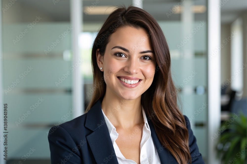 Confident Young Professional Woman with Long Brown Hair Wearing a Stylish Dark Blue Blazer and White Top, Smiling Warmly in a Modern Office Environment Confident Young Professional Woman with Long Brown Hair Wearing a Stylish Dark Blue Blazer and White Top, Smiling Warmly in a Modern Office Environment