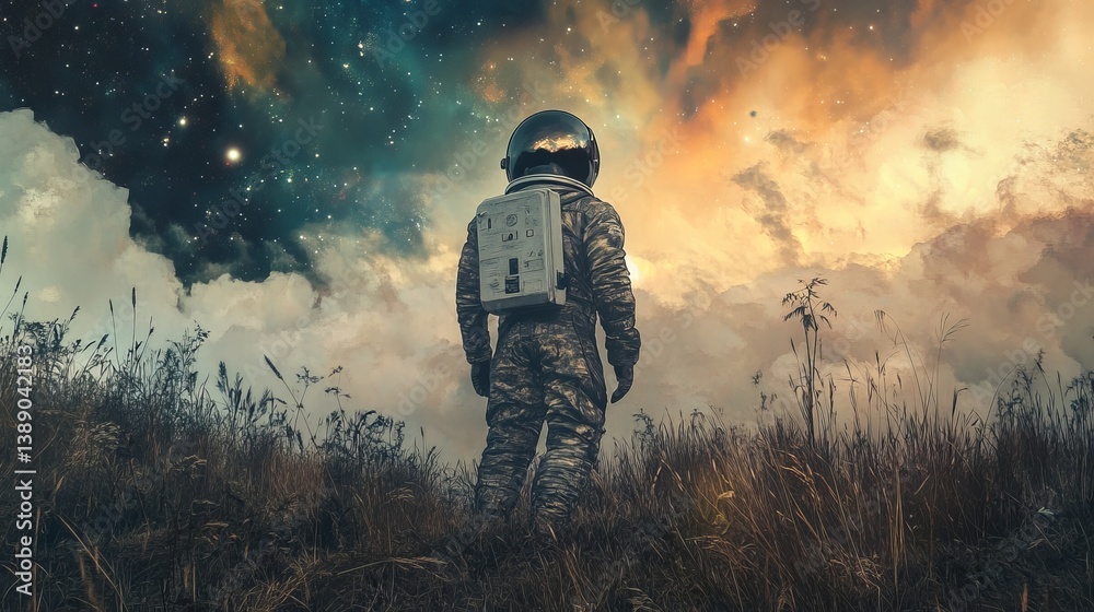 Astronaut standing in a field looking at the sky with stars and clouds in the background art Astronaut standing in a field looking at the sky with stars and clouds in the background art