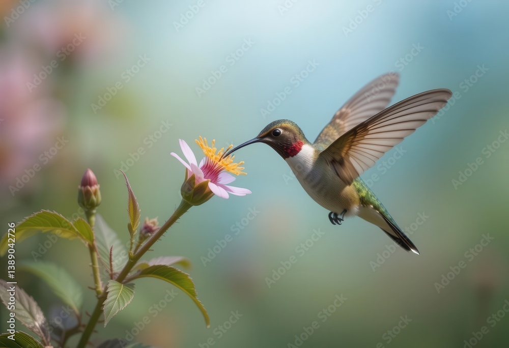 Fototapeta premium Hummingbird hovering near pink flower in vibrant garden