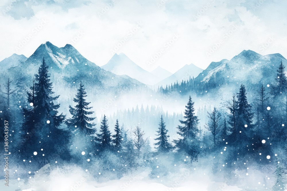 Fototapeta premium Beautiful winter landscape depicts misty mountains and evergreen forests