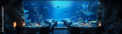 Luxury underwater restaurant with diners enjoying a meal surrounded by marine life.  Stunning ocean view, elegant setting.