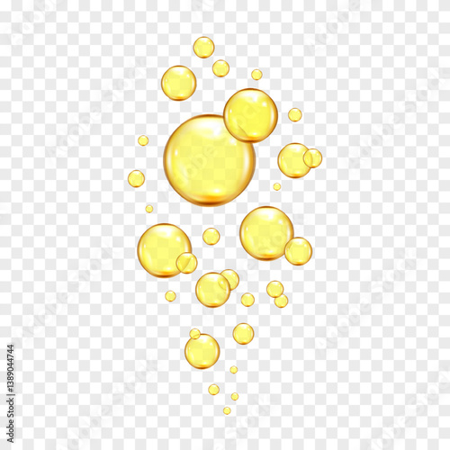 Golden, yellow oil drops, bubbles vector illustration on transparent background