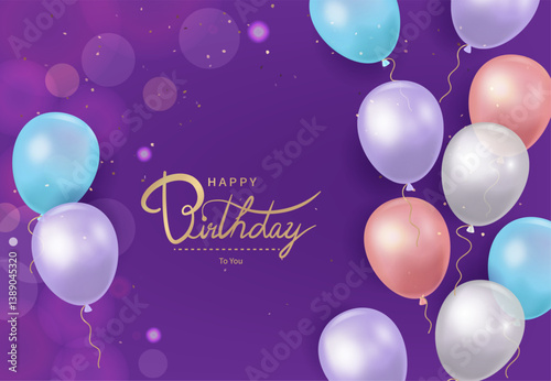 Purple background with golden happy birthday greeting and many colorful balloons flying