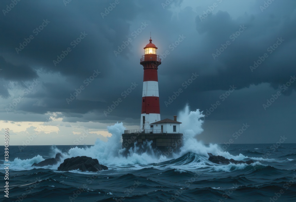Naklejka premium Stormy lighthouse standing tall against crashing waves at dusk