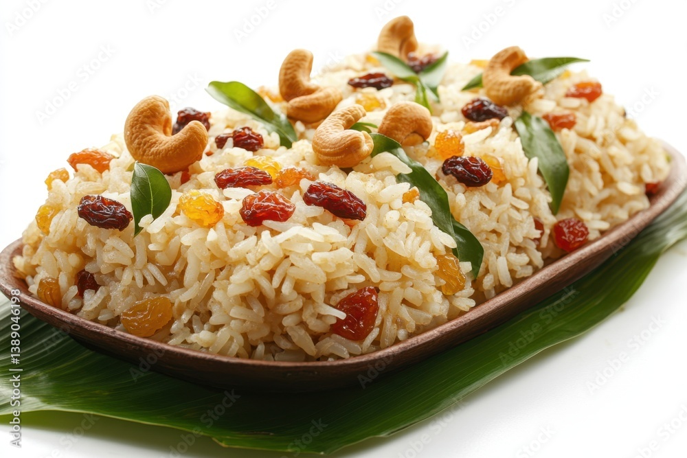Aromatic Rice Dish with Cashews and Raisins on Banana Leaf a Culinary Delight in Bright Studio Light Aromatic Rice Dish with Cashews and Raisins on Banana Leaf a Culinary Delight in Bright Studio Light