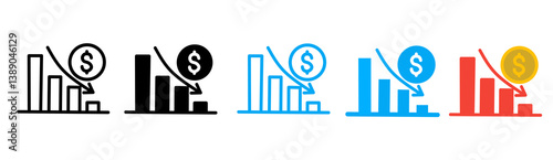 Falling Revenue Icon Set – Financial Loss Graph with Dollar Sign Illustration