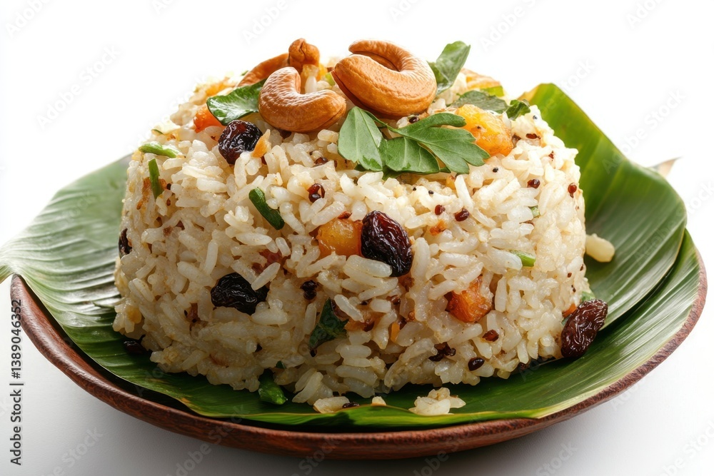 Delicious indian rice dish with cashew nuts and raisins served on banana leaf in white background studio shot Delicious indian rice dish with cashew nuts and raisins served on banana leaf in white background studio shot