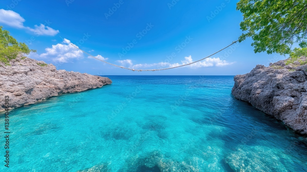 Fototapeta premium Caribbean Cove Rope Swing Vibrant tropical style High-definition bright sunlight Landscape wide view Clear turquoise water Relaxing paradise scene Azure blue hues Perfect travel brochure