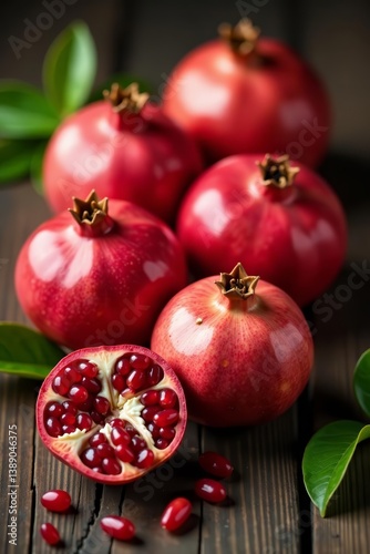 A collection of vibrant pomegranates on a rustic wooden table, antioxidant-rich, fruit, antioxidant