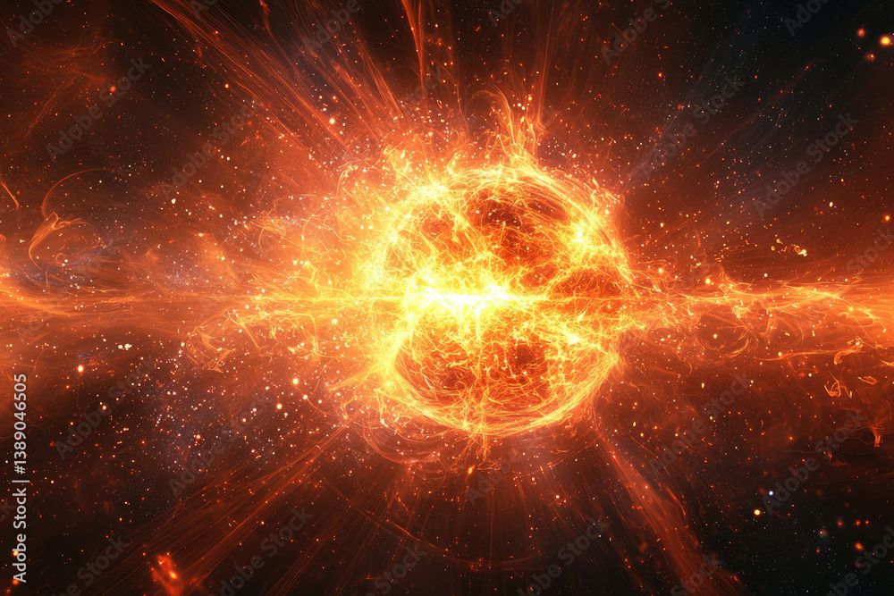Fototapeta premium A fiery cosmic explosion, a supernova or stellar burst, radiating intense energy across the vast expanse of space.