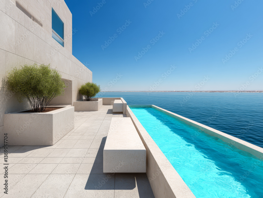 Fototapeta premium Modern architectural design featuring infinity pool overlooking tranquil ocean view