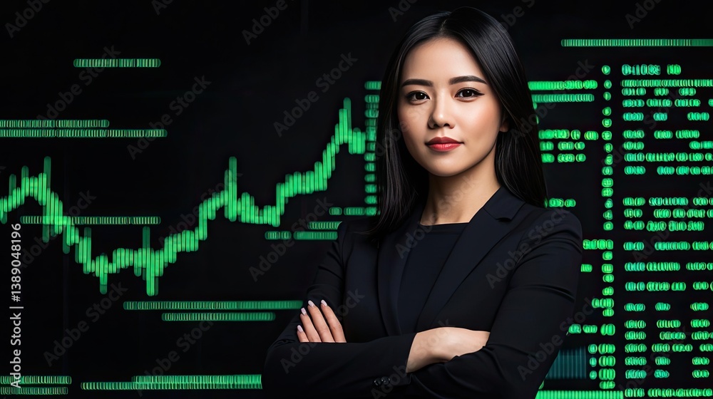 Green stock market chart showing financial success in business concept. Confident businesswoman standing in front of financial data.