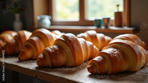 Warm morning light spills onto a rustic wooden table, highlighting a tray of golden, flaky croissants—freshly baked, buttery, and cozy. A serene, homely bakery vibe filled with sweet aroma, comfort, a