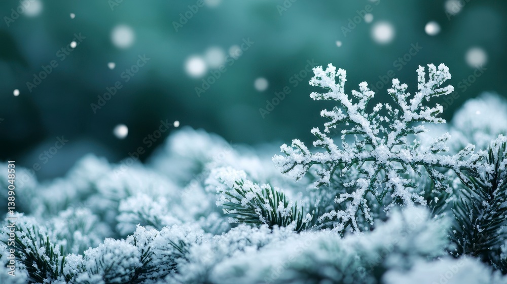 Frosty pine bough, snow falling. Icy snowflake close-up. Winter scene Frosty pine bough, snow falling. Icy snowflake close-up. Winter scene