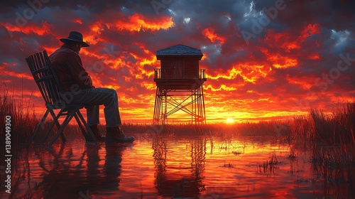 Sun setting behind lifeguard tower on Ostriconi beach in Corsica