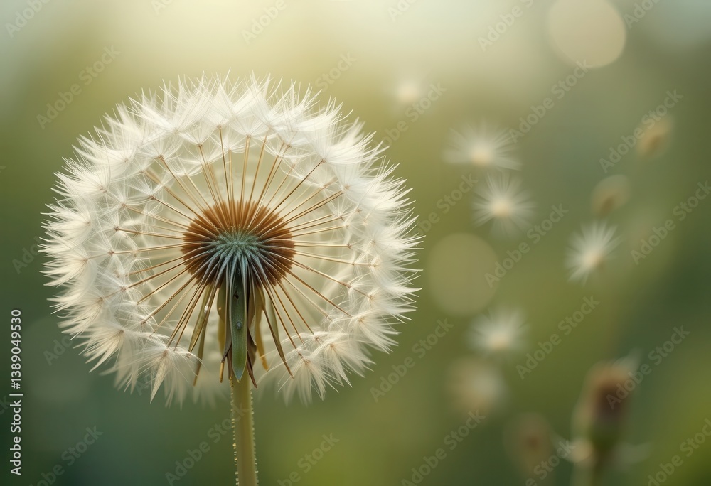 Fototapeta premium Close-up view of a dandelion with seeds drifting in soft sunlight