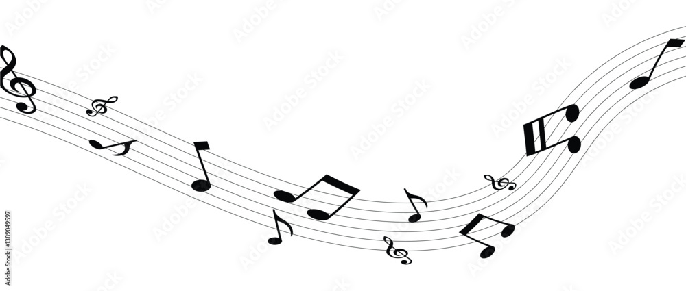 Musical notes wave and stave, treble and bass clef, song or sheet music design, flat vector in eps 10. Musical notes wave and stave, treble and bass clef, song or sheet music design, flat vector in eps 10.