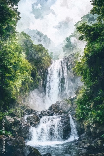 A beautiful watercolor depiction of a powerful cascading waterfall scene