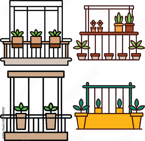 Potted Flowers Vector Set: Balcony and Indoor Plant Illustrations