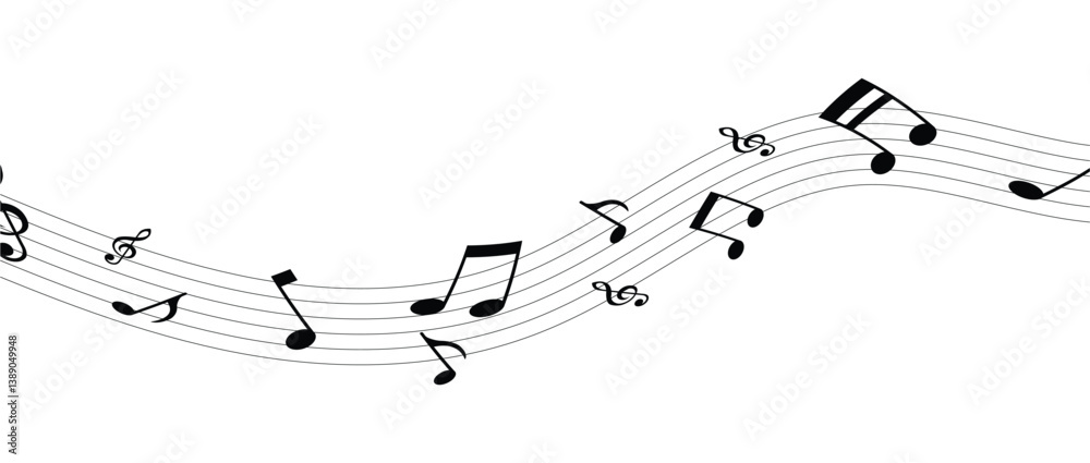 Musical notes wave and stave, treble and bass clef, song or sheet music design, flat vector in eps 10. Musical notes wave and stave, treble and bass clef, song or sheet music design, flat vector in eps 10.
