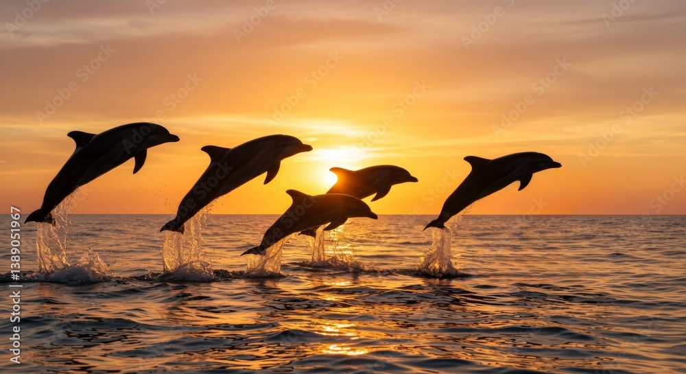 Naklejka premium Five Dolphins Jumping Out of the Ocean Against a Sunset Sky
