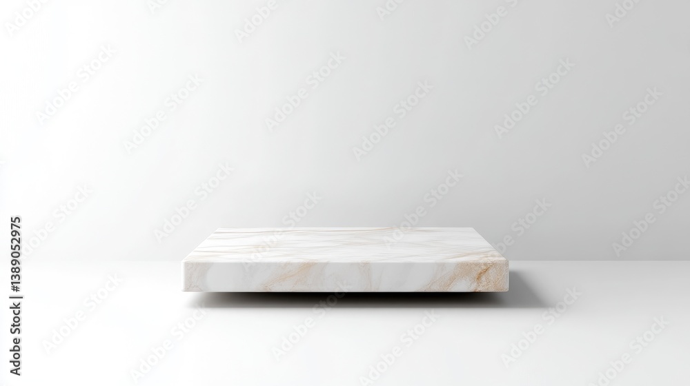 A square marble platform sits centrally in a minimalist setting. The platforms surface displays subtle veining. The background is a plain white wall and floor. The image is digitally rendered, high A square marble platform sits centrally in a minimalist setting. The platforms surface displays subtle veining. The background is a plain white wall and floor. The image is digitally rendered, high