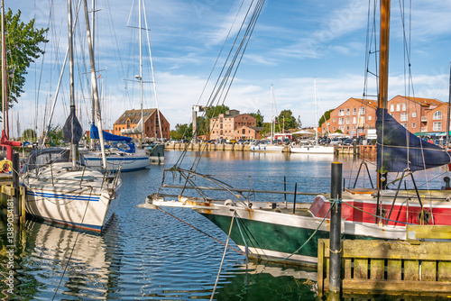 Sailboats moored in Orth marina, Fehmarn Island, Schleswig-Holstein, Germany