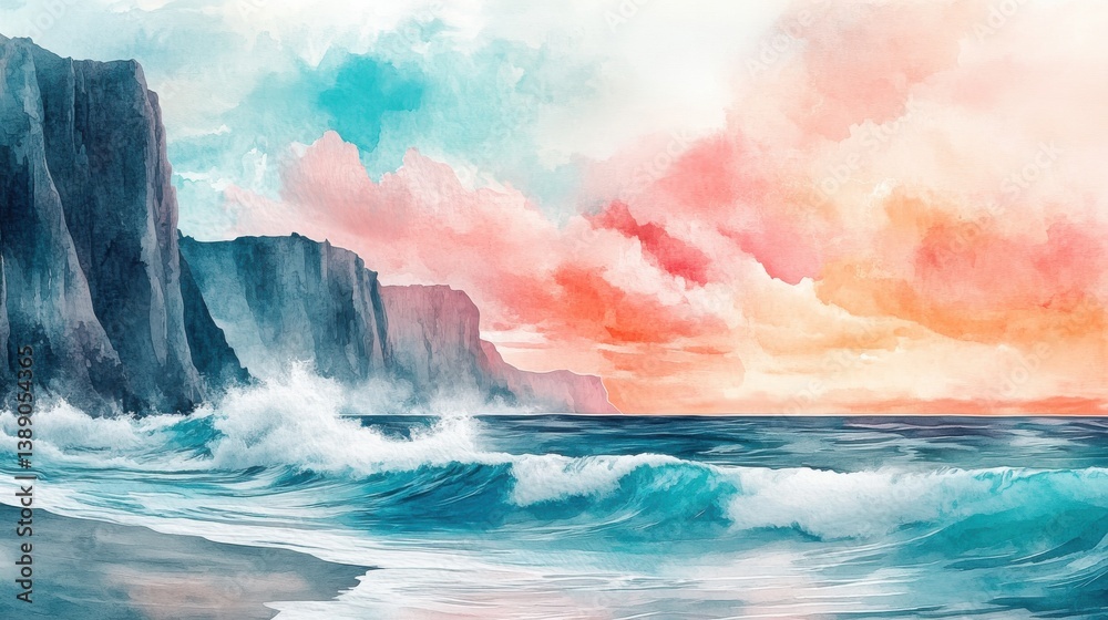A vibrant watercolor painting depicting dramatic cliffs and turbulent waves under a colorful sky at sunset. A vibrant watercolor painting depicting dramatic cliffs and turbulent waves under a colorful sky at sunset.