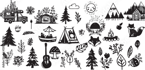 Beautiful whimsical hand drawn style The Great Outdoor illustration set, vector element collection vector