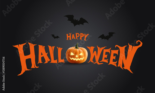 Typographic design with 3D pumpkin for Happy Halloween. Halloween vector background design. Decor for t-shirts, banners, posters and parties.