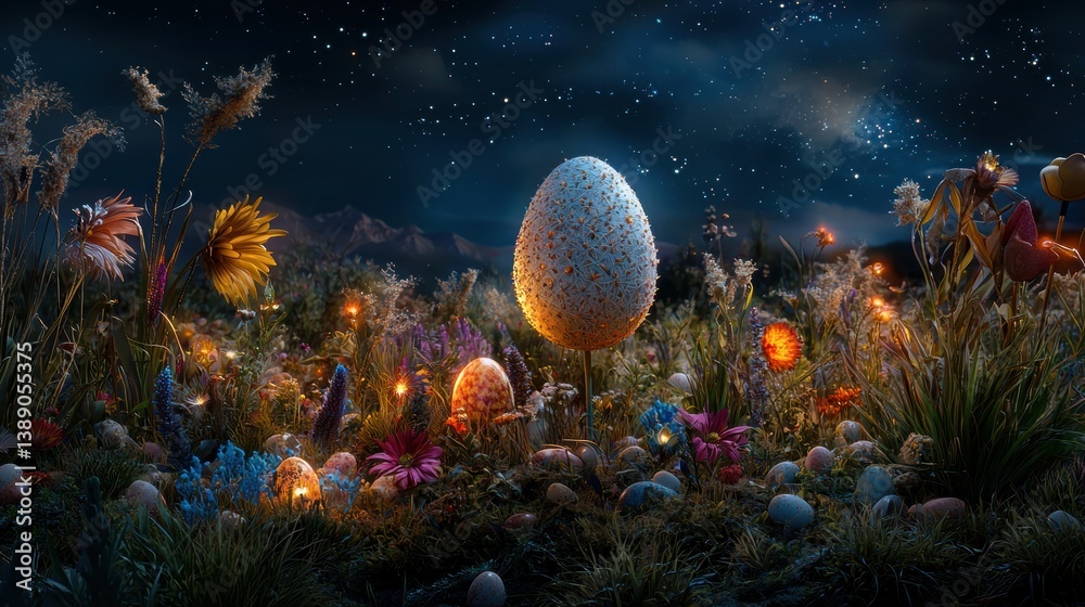 Fototapeta premium Enchanting Easter Day Celebration in a Dreamy Field of Colorful Flowers and Magical Eggs Under the Full Moon